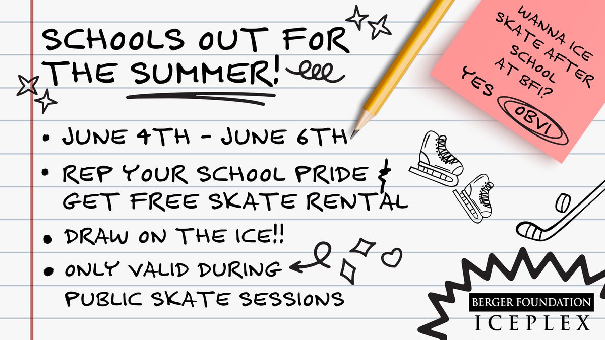 SCHOOLS OUT FOR SUMMER 🎶📚 

Come celebrate at the Coolest Spot in the Desert! From June 4–6, head to the Iceplex during any public skate session, rep your school pride, and score a free skate rental. 

Don’t miss the fun—school’s out and the party’s on! 🕶️☀️⛸️