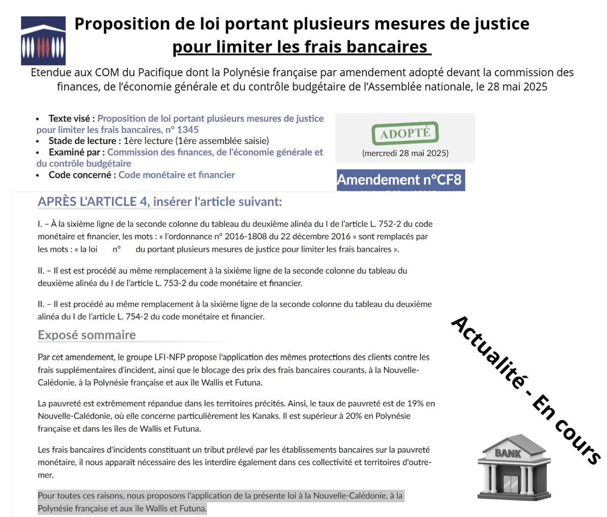 TeTiaAra's tweet photo. Actualité devant le Parlement français Proposition de loi portant plusieurs mesures de justice pour limiter les #frais #bancaires Etendue à la #Polynésie française par amendement adopté en commission devant l'Assemblée nationale. 1re lecture séance publique le 5 juin 2025 https://t.co/nfknb4tOgR