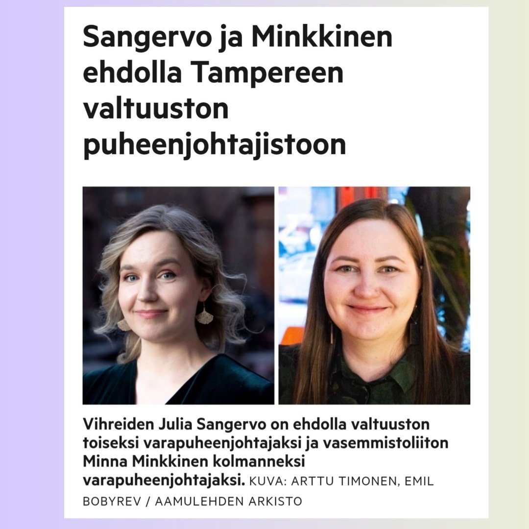 Vihreät esittää minua Tampereen kaupunginvaltuuston puheenjohtajistoon! Valtava kiitos luottamuksesta sekä omalle joukkueelleni että jokaiselle minua äänestäneelle 💚