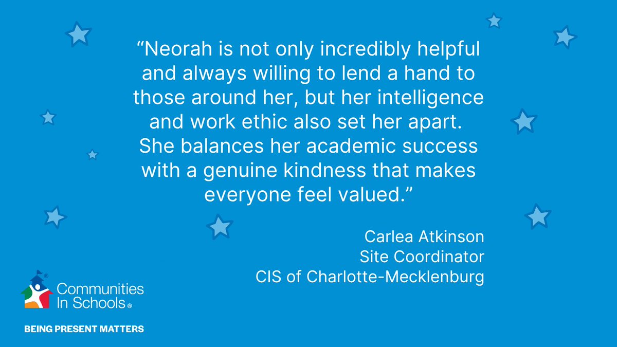 Communities In Schools (@cisnational) on Twitter photo Today’s #GradSeason Spotlight is on Neorah from <a href="/cischarlotte/">CIS of Char-Meck</a>! Neorah says her CIS site coordinator, Carlea Atkinson, is “at the heart” of it all, helping to expose her to a world beyond her immediate surroundings. Read more: cisnational.org/3HsrvAy #BeingPresentMatters Today’s #GradSeason Spotlight is on Neorah from <a href="/cischarlotte/">CIS of Char-Meck</a>! Neorah says her CIS site coordinator, Carlea Atkinson, is “at the heart” of it all, helping to expose her to a world beyond her immediate surroundings. Read more: cisnational.org/3HsrvAy #BeingPresentMatters
