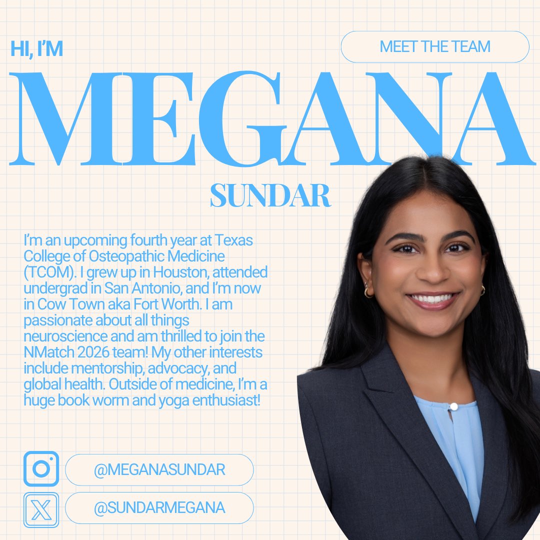 NeurologyMATCH2025 (@nmatch2025) on Twitter photo Took a brief Memorial Day intermission 😴 but we’re back! Introducing <a href="/NMatch2026/">NeurologyMATCH2026</a> leader, Megana Sundar <a href="/SundarMegana/">Megana Sundar</a>, MS4 at <a href="/TCOM_UNTHSC/">TCOM</a>! Outside of medicine, you’ll can find her curled up with a good book or on her yoga mat~ 📚🧘♀️✨ #NMatch #Neurology Took a brief Memorial Day intermission 😴 but we’re back! Introducing <a href="/NMatch2026/">NeurologyMATCH2026</a> leader, Megana Sundar <a href="/SundarMegana/">Megana Sundar</a>, MS4 at <a href="/TCOM_UNTHSC/">TCOM</a>! Outside of medicine, you’ll can find her curled up with a good book or on her yoga mat~ 📚🧘♀️✨ #NMatch #Neurology