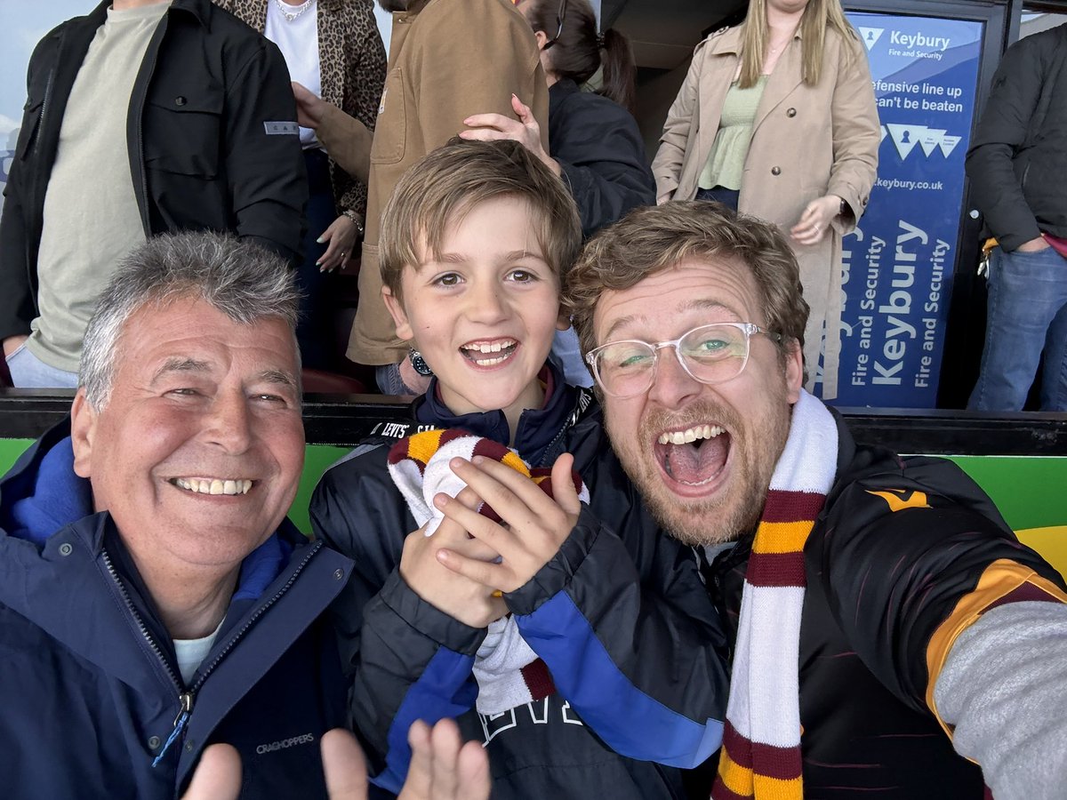 AOtters's tweet photo. @jameson_uk @officialbantams My dad - he took me when I was a boy, his dad took him when he was a boy and now I take my boy. This is us, three generations, just after the final whistle on the final day of the season. You can’t get that feeling anywhere else (takes many years of suffering to brew it up 1st!) https://t.co/nCTAqaHc2K