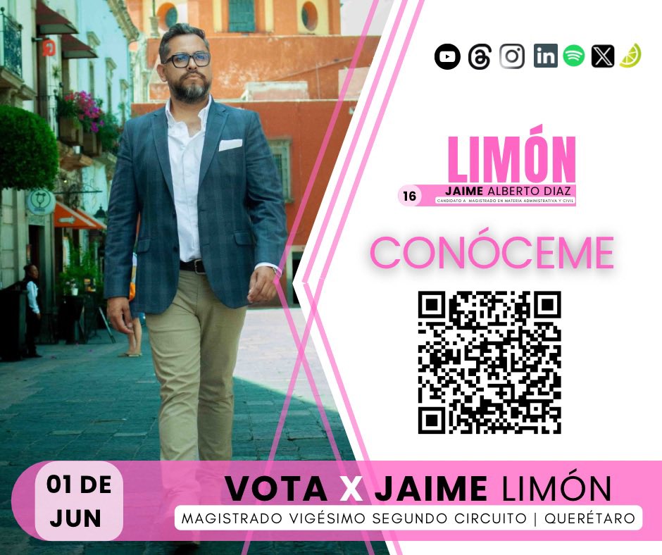 ¡Hola #Querétaro! Soy <a href="/JaimeLimonMX/">Jaime Limón MX</a> 🍋🩷 y quiero ser tu próximo magistrado en el #PoderJudicial   ⚖️. 

Conóceme, infórmate y participa en las #Elecciones2025MX    este 1º de junio. 
💻👉 bit.ly/JaimeLimonMX

¡Juntos podemos cambiar el rumbo! 🗳️