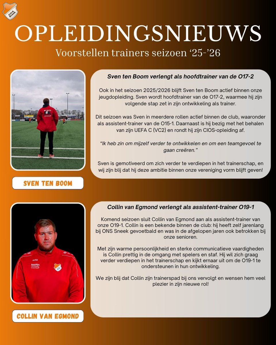 🔶𝗡𝗶𝗲𝘂𝘄 𝘁𝗿𝗮𝗶𝗻𝗲𝗿𝘀𝗻𝗶𝗲𝘂𝘄𝘀 𝗶𝗻 𝗱𝗲 𝗷𝗲𝘂𝗴𝗱𝗼𝗽𝗹𝗲𝗶𝗱𝗶𝗻𝗴!
Weer een mooie groep trainers ligt vast voor het seizoen 2025/2026.

📄 Op onze website lees je het vervolg van de aanstellingen én enkele veranderingen binnen de staf.
#ONSSneek  #Jeugdopleiding