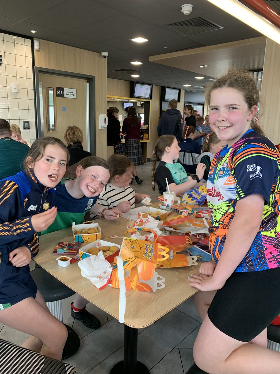 Great game of football this afternoon between our U13 Girls Team and Rathcoffey. Sadly we were beaten by 1 point 😢. We send our congratulations to Rathcoffey girls - Well done!! We were disappointed but the BOM  organised a party in McDonalds to lift our spirits!!