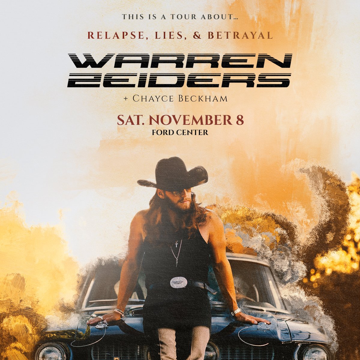 Warren Zeiders is bringing his Relapse, Lies, &amp; Betrayal Tour with special guest Chayce Beckham to Ford Center on Nov 8th! 🧡! Get tickets Now, and we’ll see y’all there 🤘🎟️ 
Tickets on sale now at the Ford Center Ticket Office &amp; bit.ly/WarrenZeiders_…