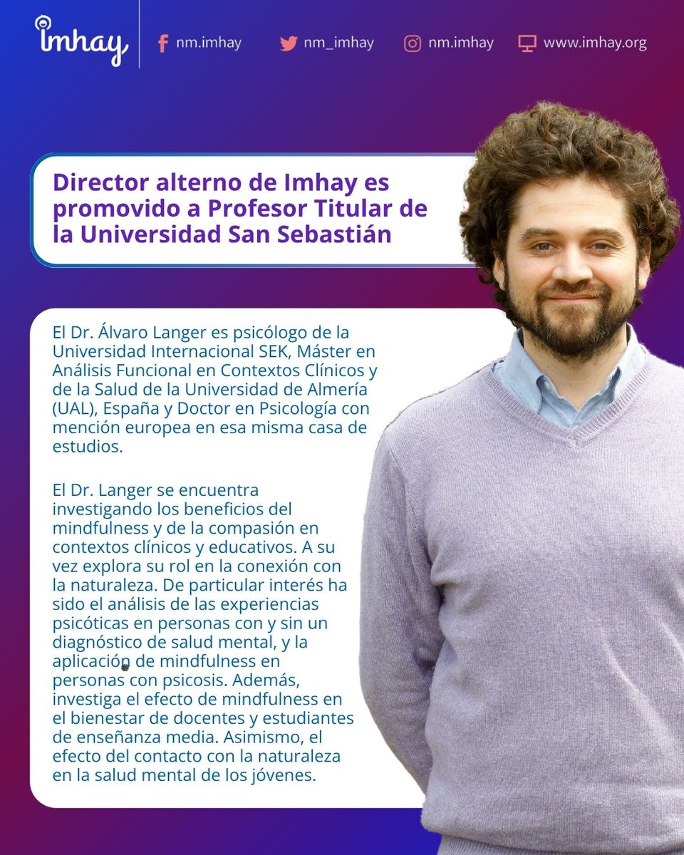 Felicitamos al Dr. Álvaro Langer, director alterno de #Imhay y académico de <a href="/psicologia_uss/">Psicología San Sebastián</a> , por su promoción a Profesor Titular, el máximo rango académico, que reconoce su destacada trayectoria, liderazgo y contribución a la psicología nacional e internacional.