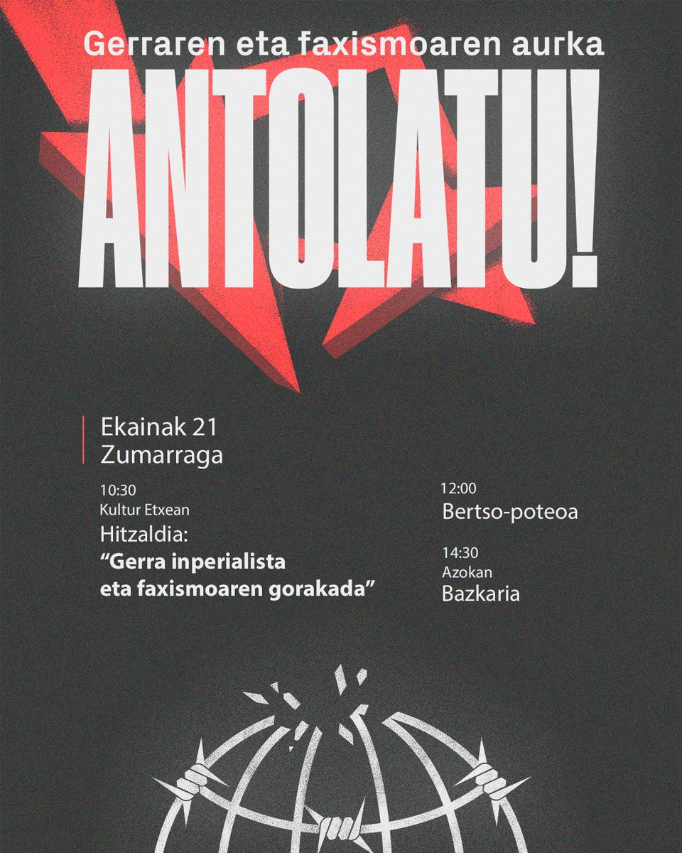 Gerra inperialista eta faxismoaren gorakadaren aurrean gazte langileon antolakuntza aldarrikatzen dugu 🌐‼️

Horregatik, gai hauek lantzeko bi egitarau prestatu ditugu: Ordizin eta Zumarragan ⬇️📝🚩