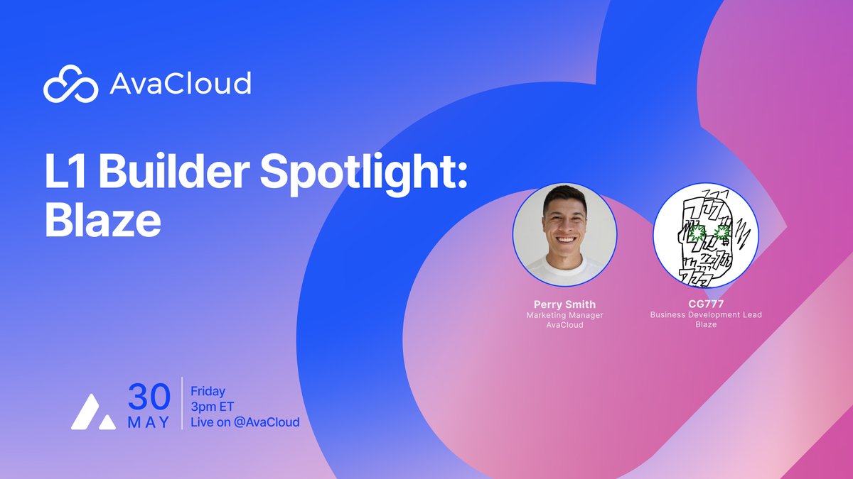 Mark your calendars for our upcoming L1 Builder Spotlight with <a href="/blaze_stream/">Blaze</a>  🔥

Join us this Friday, May 30 at 3PM ET as we go live with <a href="/CryptoGuy_777/">CG777</a> and we explore their journey building on <a href="/avax/">Avalanche🔺</a> with <a href="/AvaCloud/">AvaCloud</a>.

Live right here on <a href="/AvaCloud/">AvaCloud</a>! 🔺