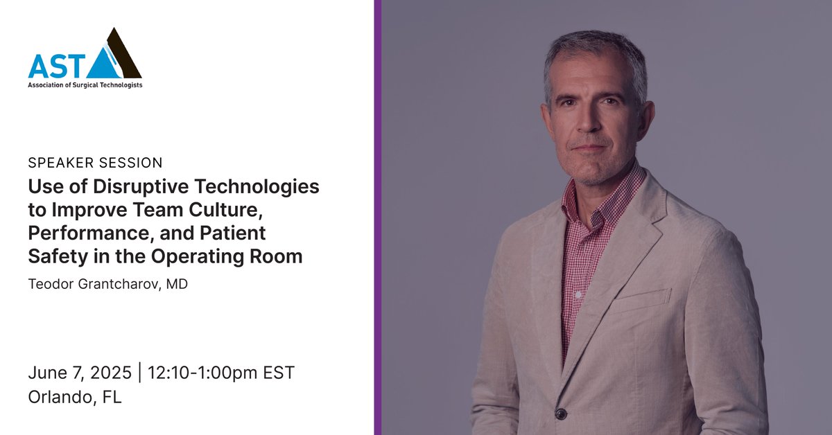Surgical Safety Network (@surgsafetyntwk) on Twitter photo Are you attending the 2025 AST Surgical Technology Conference?
Don't miss the session, "Use of Disruptive Technologies to Improve Team Culture, Performance, and Patient Safety in the Operating Room", by <a href="/TGrantcharovMD/">Teodor Grantcharov</a>, on June 7 at 12:10 pm EST. Are you attending the 2025 AST Surgical Technology Conference?
Don't miss the session, "Use of Disruptive Technologies to Improve Team Culture, Performance, and Patient Safety in the Operating Room", by <a href="/TGrantcharovMD/">Teodor Grantcharov</a>, on June 7 at 12:10 pm EST.