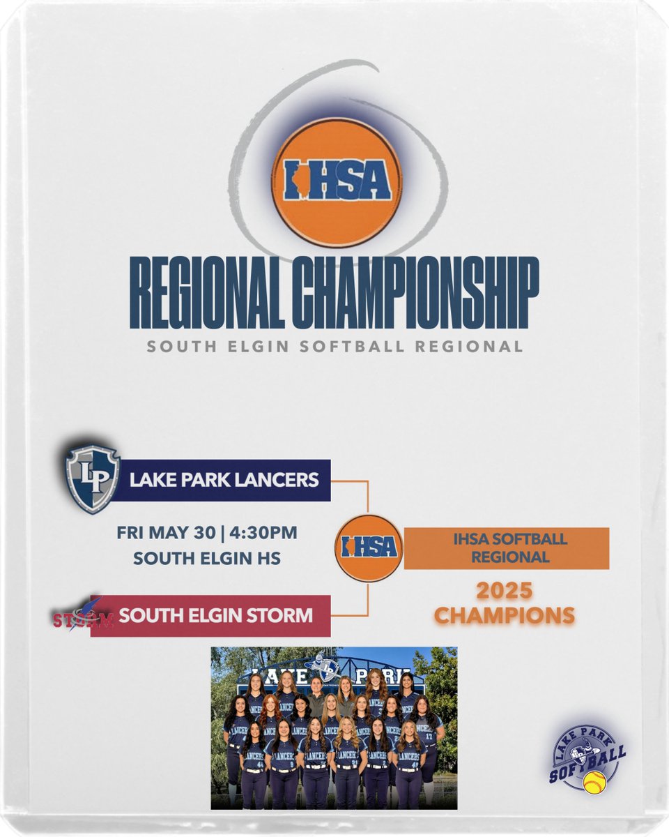 🥎🏆CHAMPIONSHIP FRIDAY🏆🥎

Get to South Elgin HS Friday and cheer on <a href="/LPLancersSB/">Lake Park Softball</a> as they look to bring home program  #IHSA Regional title #⃣1⃣6⃣ in a rematch against the Storm from last year's extra-inning Regional Championship instant classic! #WeAreLakePark