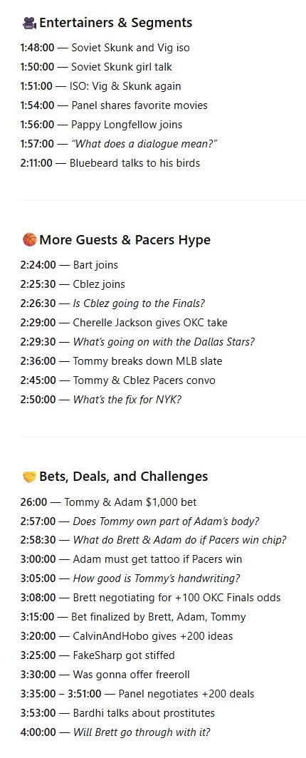 Timestamps 📝 for yesterday’s show | Sponsored by <a href="/novig_app/">Novig</a> 

S/O to our 6 foot 6, 245lb, future D1 athlete, and #1 employee <a href="/KirillThaThrill/">Kirill The Thrill</a> for putting this together

Let us know if you guys prefer these timestamps!