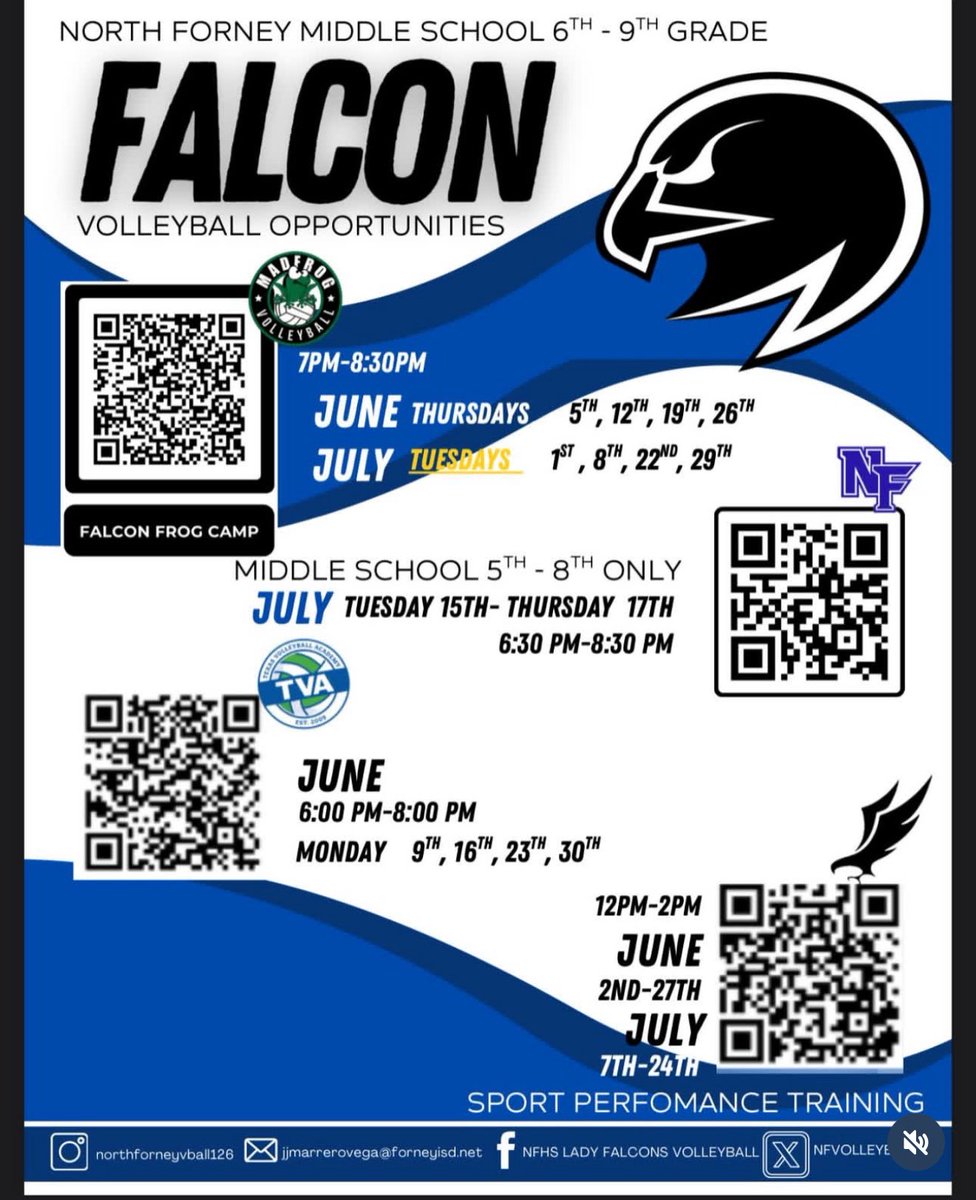 Lady Falcon Volleyball (@nfvolleyball126) on Twitter photo Camp season! Donβt forget to sign up for our youth camp! We love to see our future falcons in action! Middle Schoolers check the second flier for all the opportunities to play this summer and get better! <a href="/ForneyAthletics/">ForneyISDAthletics</a> Camp season! Donβt forget to sign up for our youth camp! We love to see our future falcons in action! Middle Schoolers check the second flier for all the opportunities to play this summer and get better! <a href="/ForneyAthletics/">ForneyISDAthletics</a>