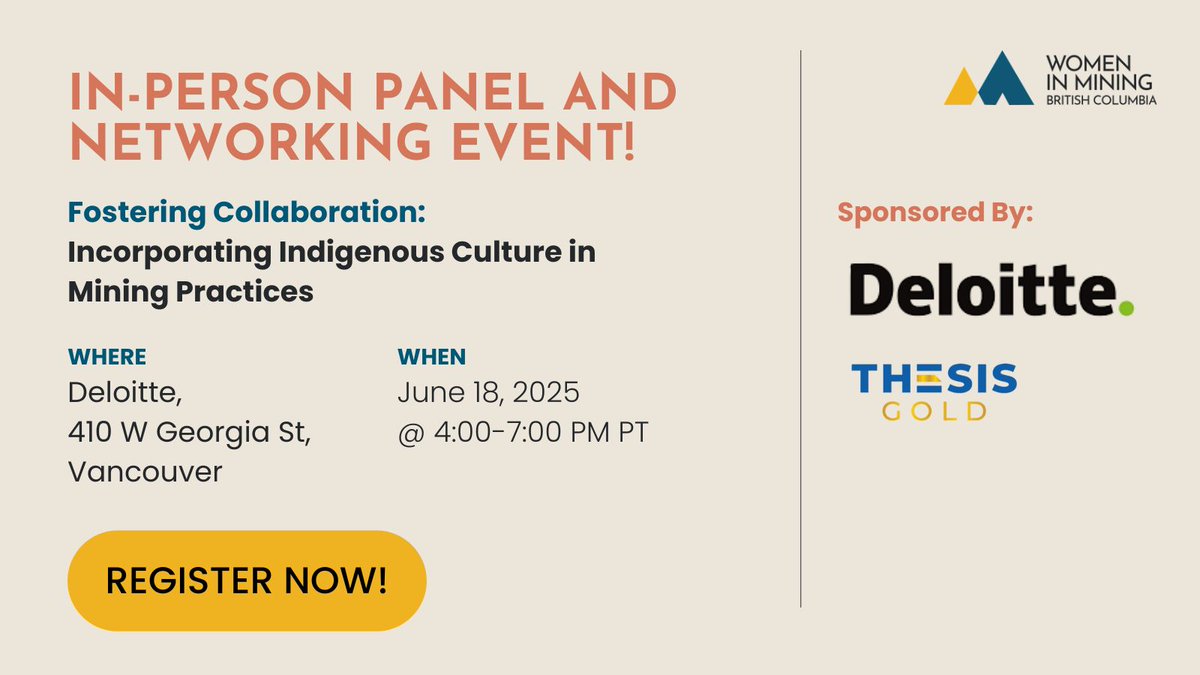 WIMBC, with the support of Deloitte and Thesis Gold, invites you to an important in-person event in Vancouver:
Fostering Collaboration: Incorporating Indigenous Culture in Mining Practices
📅 June 18 | 🕓 4–7PM | 🎟️ $10 | Location: Deloitte, Vancouver
Explore critical topics like
