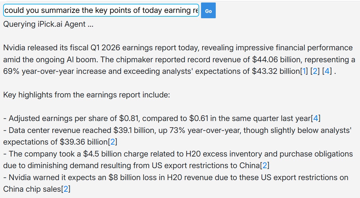 yunhongz's tweet photo. Ask #iPickAI to summarize #NVDA earnings report today.  The stock is up 4% afterhours. 

https://t.co/GIyM1IWus8 https://t.co/fEBnF8r1AA