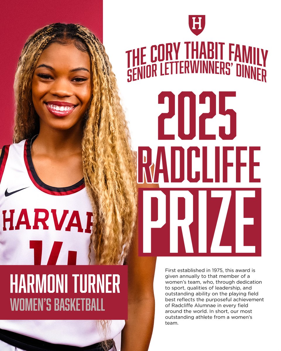 Harvard Athletics (@harvardcrimson) on Twitter photo Congratulations to Harmoni Turner (<a href="/HarvardWBB/">Harvard Women's Basketball</a>) on receiving the 2025 Radcliffe Prize!
#GoCrimson #OneCrimson Congratulations to Harmoni Turner (<a href="/HarvardWBB/">Harvard Women's Basketball</a>) on receiving the 2025 Radcliffe Prize!
#GoCrimson #OneCrimson