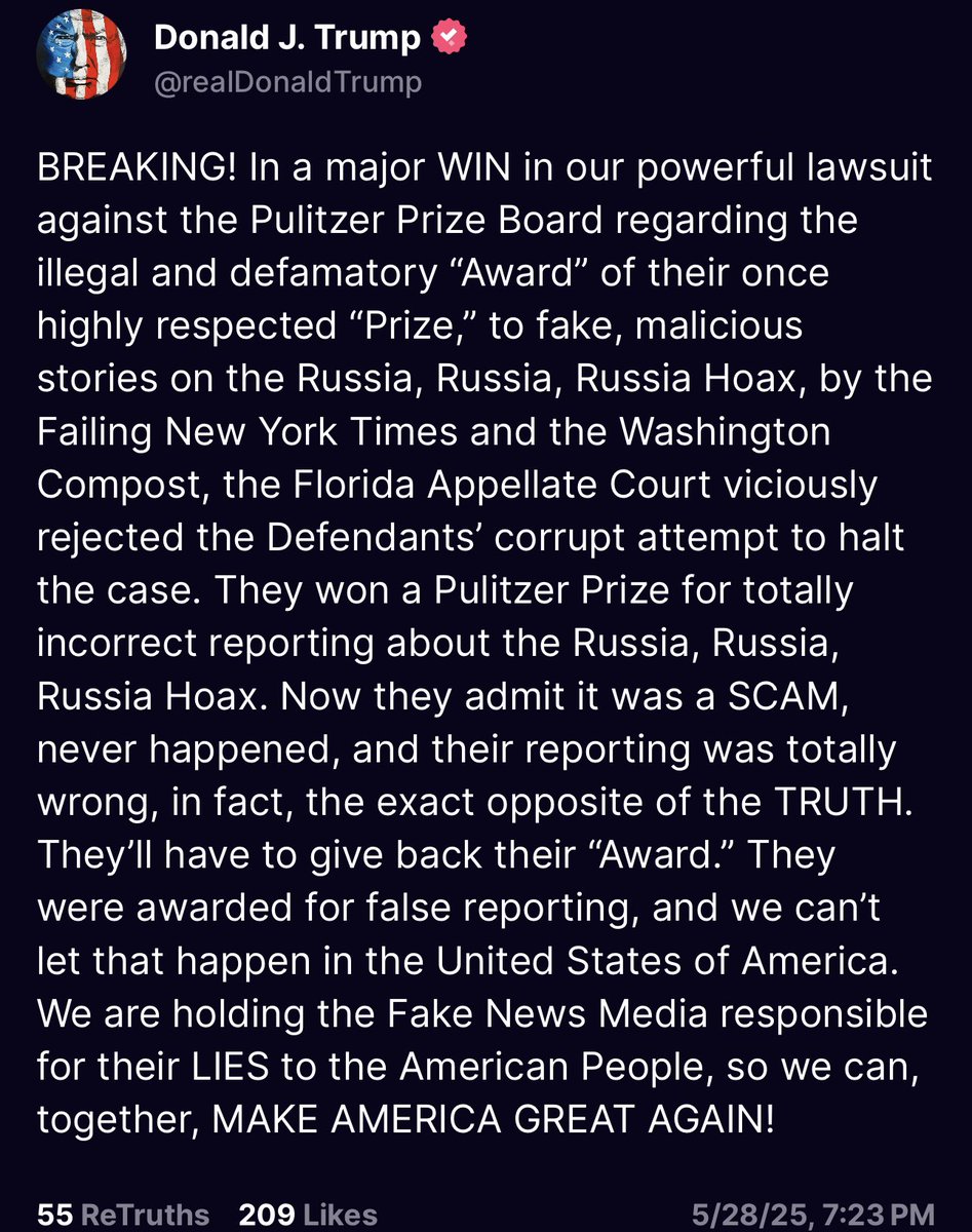 SteveLovesAmmo's tweet image. President Trump has won his lawsuit with the Pulitzer Prize Board and the New York Times and the Washington Post must give their prize back to Pulitzer. 🚨