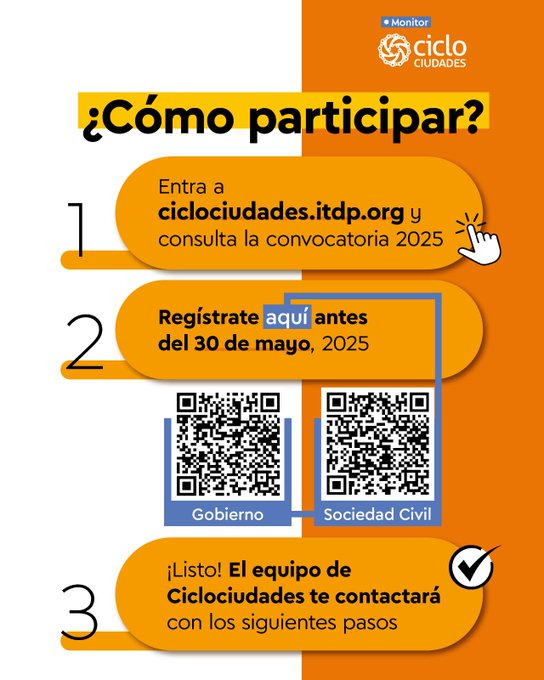 FICVI (@ficvi1) on Twitter photo 📢¡Quedan 3 días para registrarse en el Monitor #Ciclociudades 2025! Ciudades de Latam, súmense a este esfuerzo de transformación ciclista 🚲 antes del viernes 30 de mayo.
Participa si eres:
▶️Gobierno: bit.ly/44GC3FZ
▶️Sociedad civil: bit.ly/3HalxUN
<a href="/ITDPmx/">ITDP México</a> 📢¡Quedan 3 días para registrarse en el Monitor #Ciclociudades 2025! Ciudades de Latam, súmense a este esfuerzo de transformación ciclista 🚲 antes del viernes 30 de mayo.
Participa si eres:
▶️Gobierno: bit.ly/44GC3FZ
▶️Sociedad civil: bit.ly/3HalxUN
<a href="/ITDPmx/">ITDP México</a>