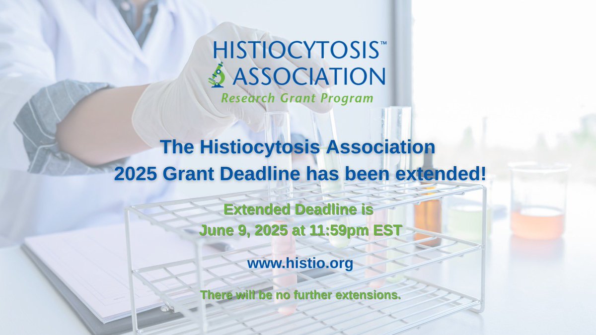 Histiocyte Society (@histiocytesoc) on Twitter photo The Histiocytosis Association grant deadline has been extended to June 9, 2025! Apply here:
histio.org/research/fundiā¦
<a href="/Histiocytosis/">Histiocytosis Assoc</a> The Histiocytosis Association grant deadline has been extended to June 9, 2025! Apply here:
histio.org/research/fundiā¦
<a href="/Histiocytosis/">Histiocytosis Assoc</a>