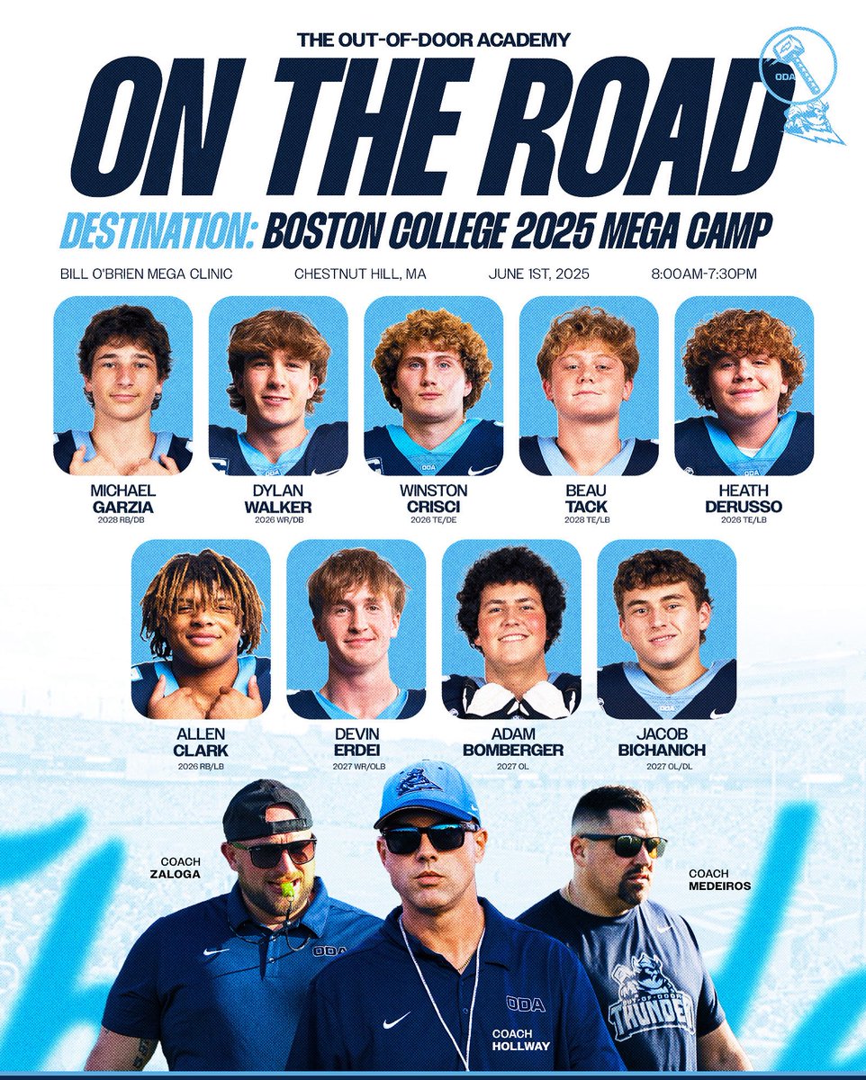 The Thunder are hitting the road! 

Next stop: Boston College Mega Camp

We're proud to have 9 ODA athletes competing at one of the top showcases in the country. Let's work!

#ODARideForTheBrand #ODAFootball #NikeFootball
#BCMegaCamp #ODARoadTrip