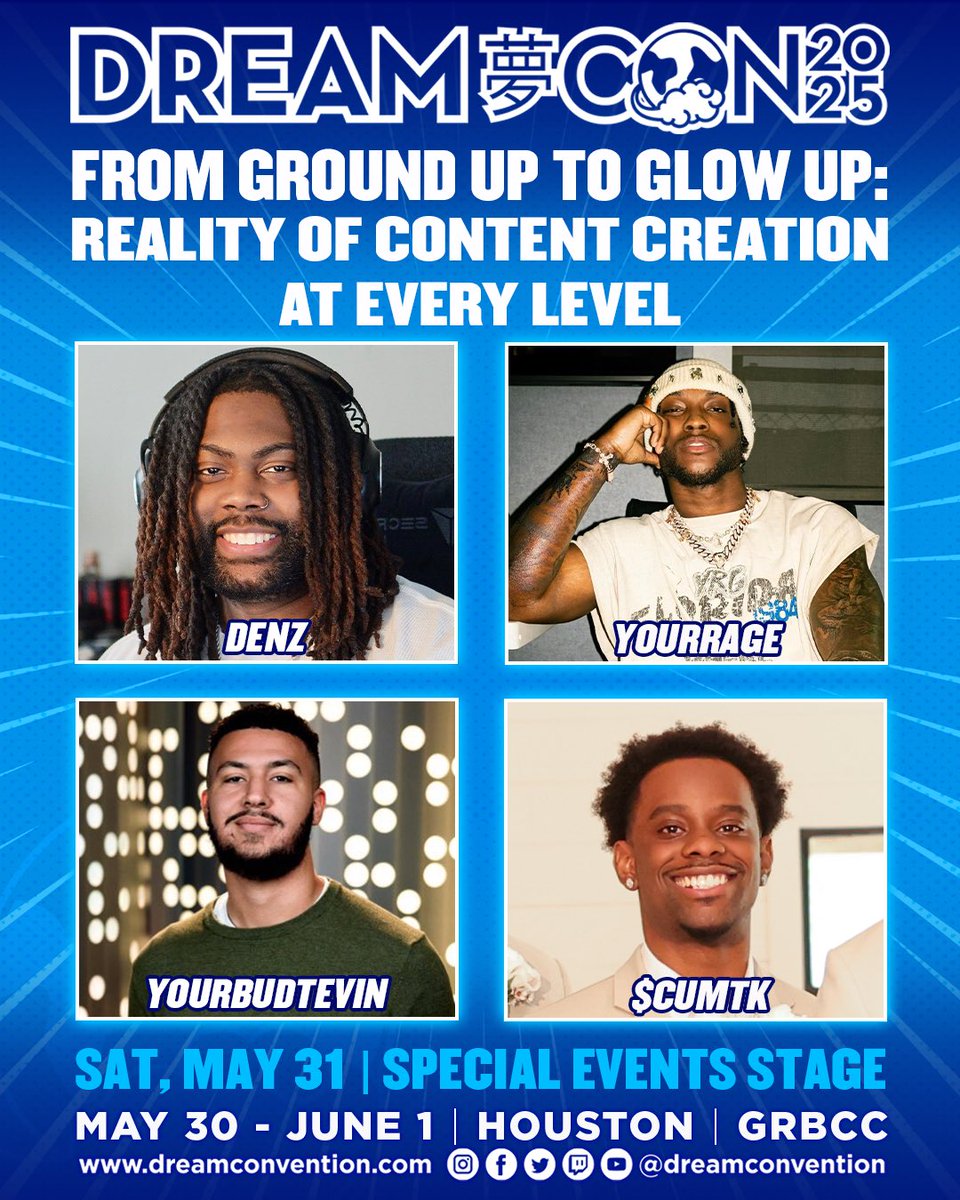 Dream Con (@dreamconvention) on Twitter photo We’re keeping it 100 on the grind, the growth, and the game!
Join @theofficialdenz, <a href="/YourRAGEz/">FaZe YourRAGE</a> , <a href="/Scumtk/">💲CUM TK 🗡️</a> & <a href="/YourBudTevin/">Tevin</a> for a motivational discussion on what it actually takes to build a name in the content creation space— whether you’re chasing your first views or managing We’re keeping it 100 on the grind, the growth, and the game!
Join @theofficialdenz, <a href="/YourRAGEz/">FaZe YourRAGE</a> , <a href="/Scumtk/">💲CUM TK 🗡️</a> & <a href="/YourBudTevin/">Tevin</a> for a motivational discussion on what it actually takes to build a name in the content creation space— whether you’re chasing your first views or managing