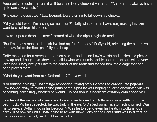 sassycalico's tweet photo. Another Wednesday, another WIP. This is a story that I've been working on for a while on and off. It's a whump omegaverse LuLaw where Law has been captured post-Blackbeard fight by an escaped Doflamingo.

Warning: sexual assault
#lulaw, #fanfic https://t.co/06mzdnVoim