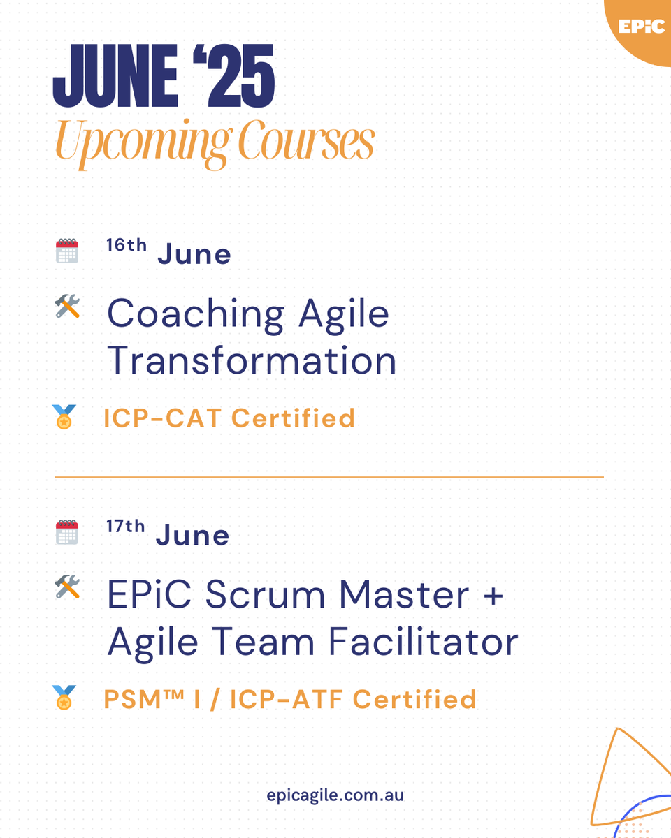 Our #certified EPiC public #courses are back!

🚩 Make #transformation work with Coaching Agile Transformations (ICP-CAT)
🛠️ Lead effectively with the EPiC Scrum Master + Agile Team Facilitator

Spots are limited. Don't miss out → hubs.la/Q03nfYm50

#training #coaching