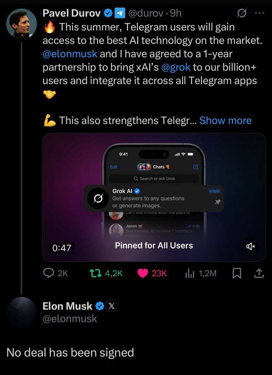 ⚡️ NEW: Elon Musk claims “no deal has been signed” between Telegram and xAI.
