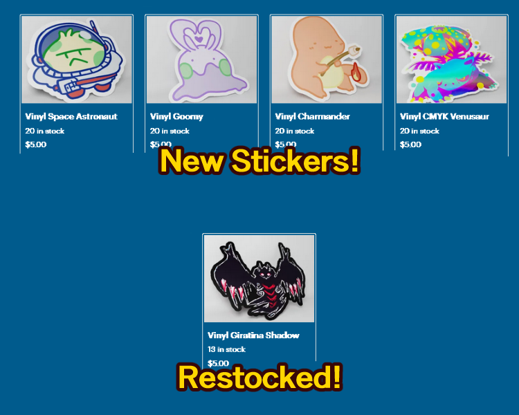 New stickers in the shop, plus a restock of the popular Shadow Giratina sticker!

Remember to check our profile bio for the shop link!

#vinylstickers #pokemon #stickers