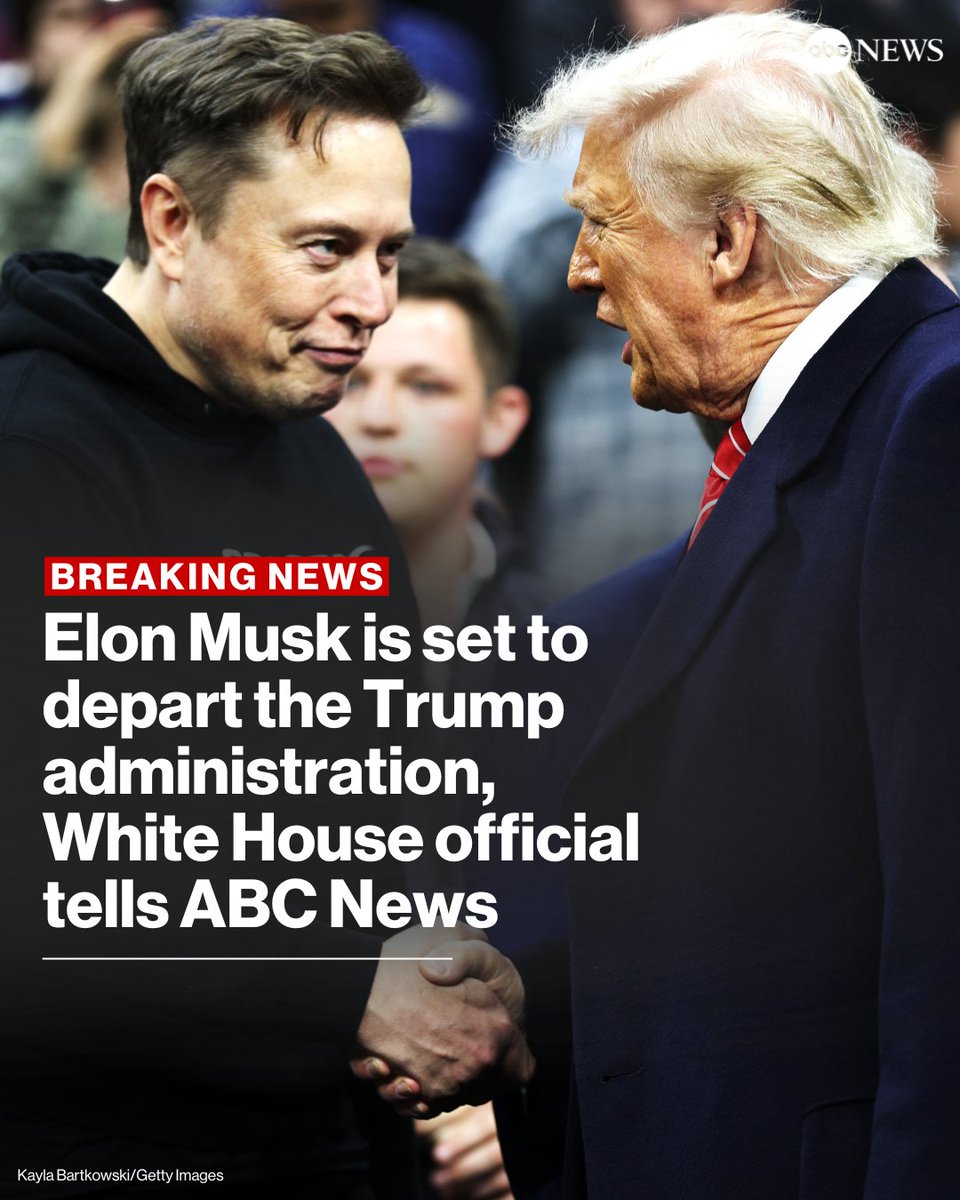 NEW: Elon Musk is set to depart the Trump administration and leave his role as a special government employee, a White House official told ABC News.

The White House will begin Musk's offboarding Wednesday evening, the official said.

Follow live updates: abcnews.link/igQDkpF