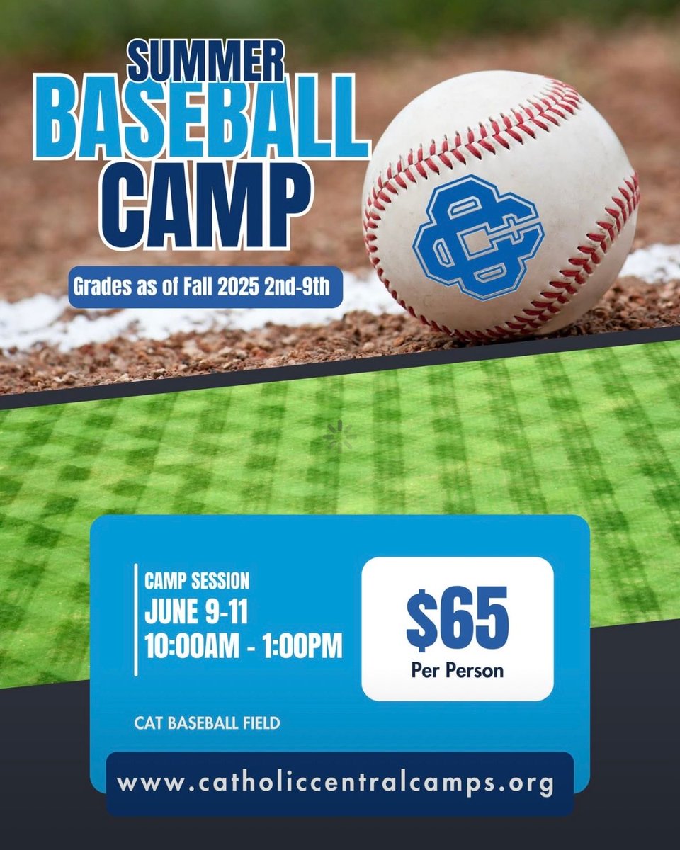 Calling all young ballplayers! Catholic Central’s Summer Baseball Camp is back June 9–11 for grades 2–9—register now at catholiccentralcamps.org and join us on the CAT Field for top-notch instruction and fun! 💥 #CCBaseball #CougarCamp2025 catholiccentralcamps.org