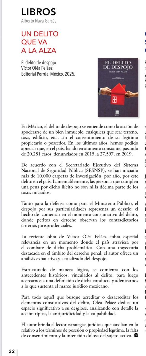 Muy agradecido con la Revista La Barra, con su presidenta, Ana María Kudisch, con su Director, Gerardo Laveaga, y con el Dr. Alberto Nava, por la amable reseña de el libro “El Despojo” de mi autoría.