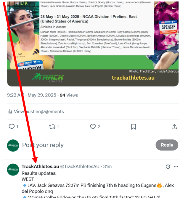 🔥 WOW

Australians just won 3⃣ of the 4 preliminary 1500m heats at the NCAA Div1 first round of finals, West region

Heat 1:  1st  Adam Spencer 3:50.24
Heat 2:  1st  Alex Stitt  3:55.79
Heat 4:  1st  Harvey Cramb  3:50.62

Links to results pages on trackathletes.au or