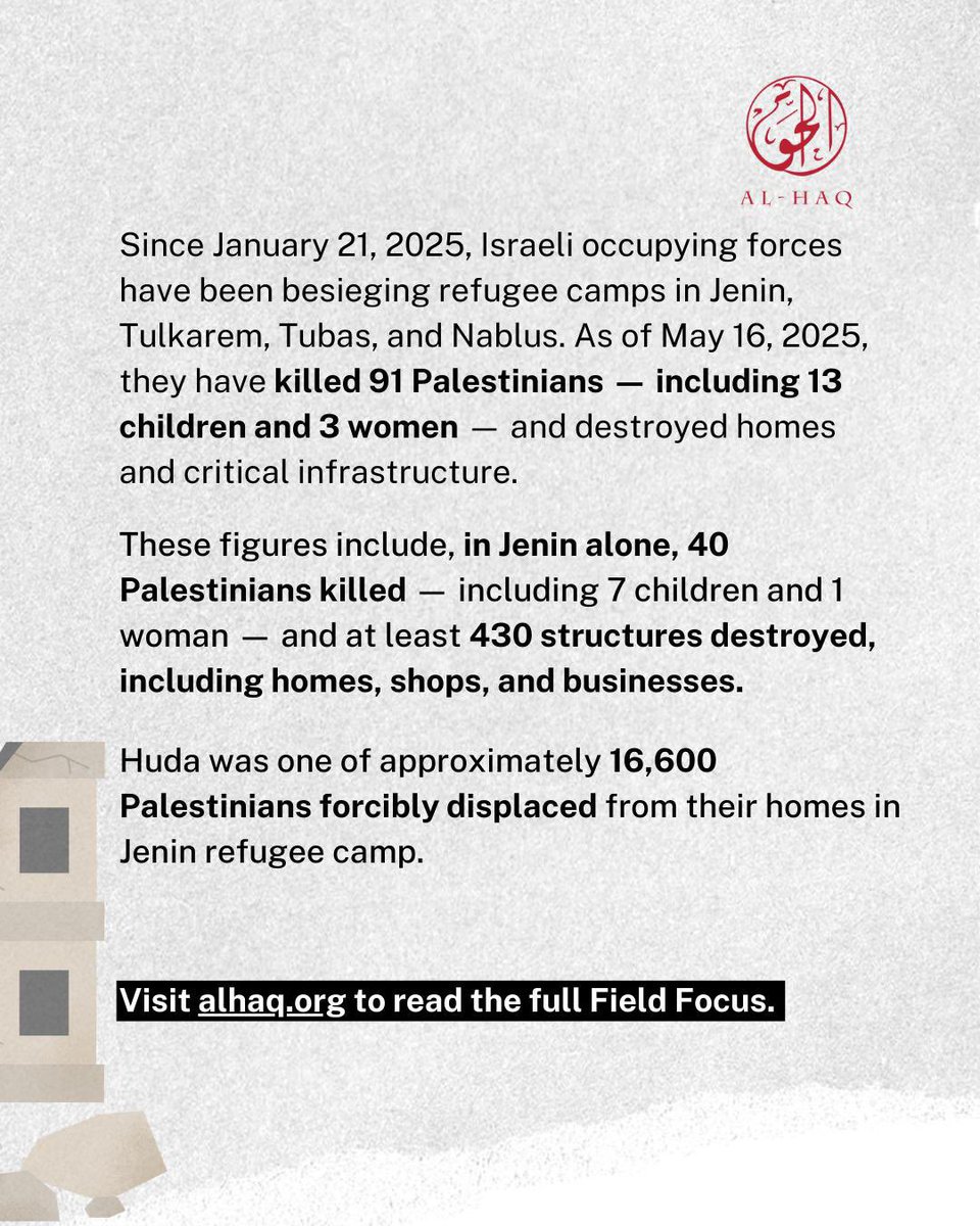 Jewish Council of Australia (@jewishcouncilau) on Twitter photo For 120 consecutive days, Israel has been carrying out a vicious, large-scale military assault —dubbed ‘Operation Iron Wall’ on the northern West Bank governorates.
Read more in Al Haq field focus: alhaq.org/monitoring-doc…
Repost <a href="/alhaq_org/">Al-Haq الحق</a> For 120 consecutive days, Israel has been carrying out a vicious, large-scale military assault —dubbed ‘Operation Iron Wall’ on the northern West Bank governorates.
Read more in Al Haq field focus: alhaq.org/monitoring-doc…
Repost <a href="/alhaq_org/">Al-Haq الحق</a>