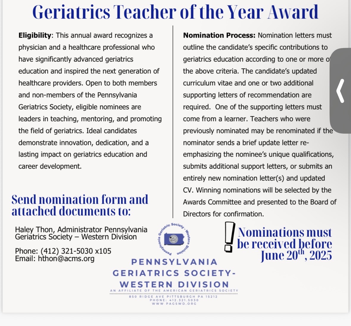 We are still accepting nominations for the Geriatrics Teacher of the Year Award! 

Click the link to find more information including nomination forms: 

pagswd.org/Geriatrics-Tea…