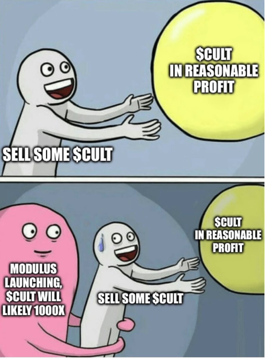 $CULT holders will soon have this problem. 

Folks say take some profits when your bag is 2-3x up..

But what to do when you know that your bag will likely #1000x 

#talkaboutcult