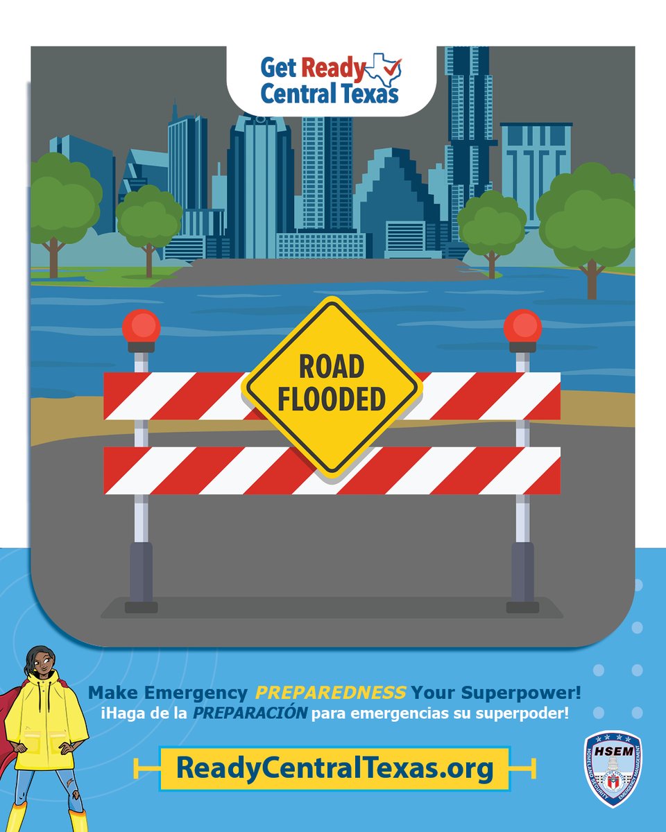 Know the dangers that can come with heavy rain and flash flooding. As little as 6 inches of water can cause unsafe driving conditions.

🛑 Never drive around barricades.
🛑 Do not walk, swim or drive through flood waters.
🛑 Turn Around, Don’t Drown!
📌 ReadyCentralTexas.org