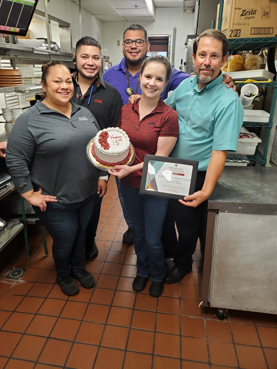 Happy 15th @chilis anniversary to our <a href="/Tina_Prestidge/">Christina Prestidge</a>. We #chilislove and admire the leader that you are. Thank you for all you do to make Chili's Mercedes "Like No Place Else". <a href="/LarryV71/">Larry Villines</a> <a href="/ChiliHead1367/">Adam Herrera</a>