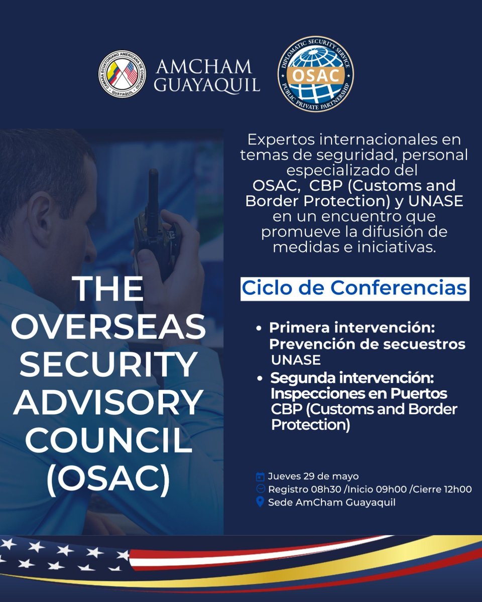Nery Merejildo - Chair AmCham (@chairamchamgye) on Twitter photo 📢 Estimados socios y empresarios:
Nos complace invitarlos a nuestra próxima conferencia organizada en conjunto por The Overseas Security Advisory Council (OSAC) y <a href="/amchamgye/">AMCHAM Guayaquil</a>, creemos que este evento será de gran interés para ustedes y sus empresas.
En esta conferencia, 📢 Estimados socios y empresarios:
Nos complace invitarlos a nuestra próxima conferencia organizada en conjunto por The Overseas Security Advisory Council (OSAC) y <a href="/amchamgye/">AMCHAM Guayaquil</a>, creemos que este evento será de gran interés para ustedes y sus empresas.
En esta conferencia,