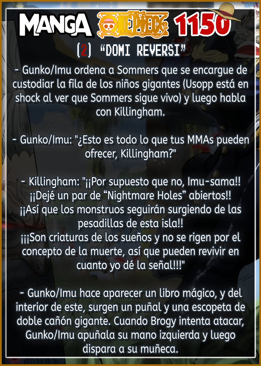 GSPLeaks's tweet photo. RESUMEN COMPLETO DEL CAPITULO 1150 DE ONE PIECE!!!
- ONE PIECE CAPITULO 1150: "DOMI REVERSI ใใใปใชใใผใท - #้่ปขๆฏ้
". ๐งต๐
#ONEPIECE1150 #Jarul #Brogy #GUNKO #IMU #Dorry #ONEPIECE https://t.co/dCwakPN6fE