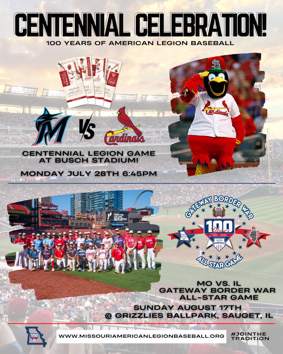 ⚾️Mark your calendars - American Legion Centennial Celebration Game in the heart of Missouri — just 3 weeks before the 2025 Gateway Border War All-Star Game! 🌟
Let’s fill the stands with Legion pride. Don’t miss it!
#JoinTheTradition #ALBaseball100 #CardinalsBaseball