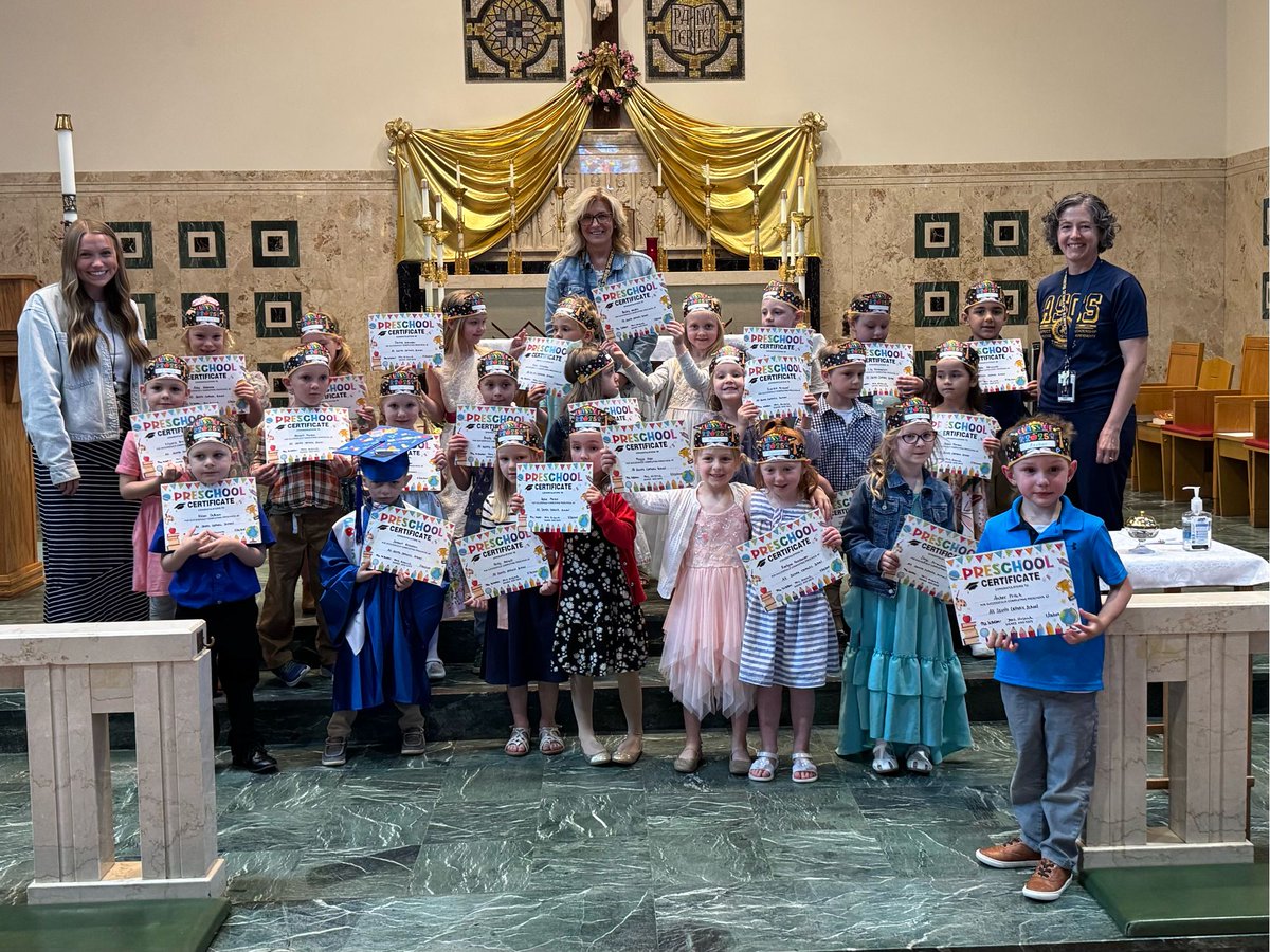 ASCSCrusaders's tweet photo. Congratulations to the All Saints Catholic School 4K graduates! A big thanks to Ms. Westen, Mrs. Husnick, and Mrs. Oelke for all of their hard work with our students this year! Have a wonderful summer! https://t.co/dY9nkzNmZF