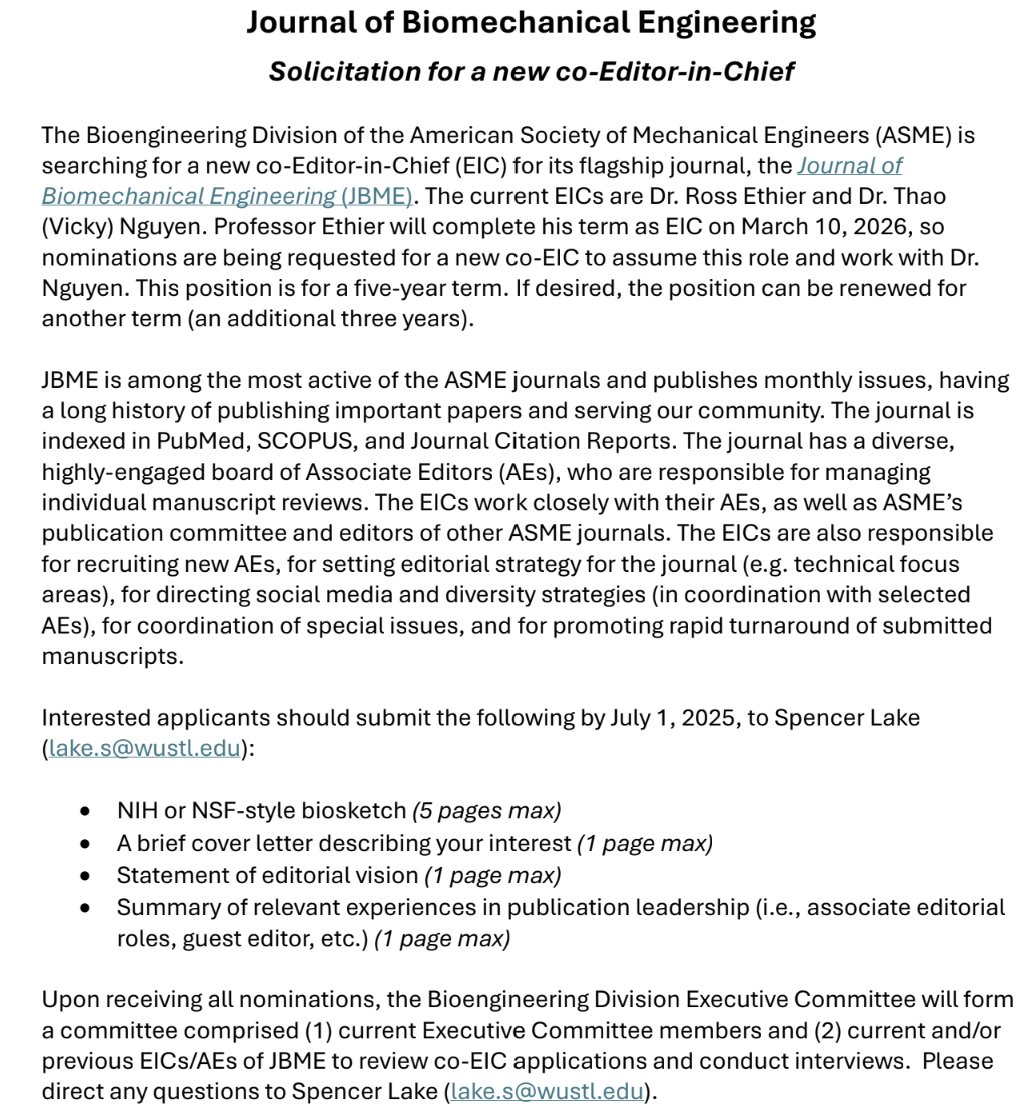 ASME BED (@asme_bed) on Twitter photo ASME BED is searching for a new co-Editor-in-Chief for Journal of Biomechanical Engineering (JBME). Interested applicants should contact Spencer Lake by July 1: lake.s@wustl.edu ASME BED is searching for a new co-Editor-in-Chief for Journal of Biomechanical Engineering (JBME). Interested applicants should contact Spencer Lake by July 1: lake.s@wustl.edu