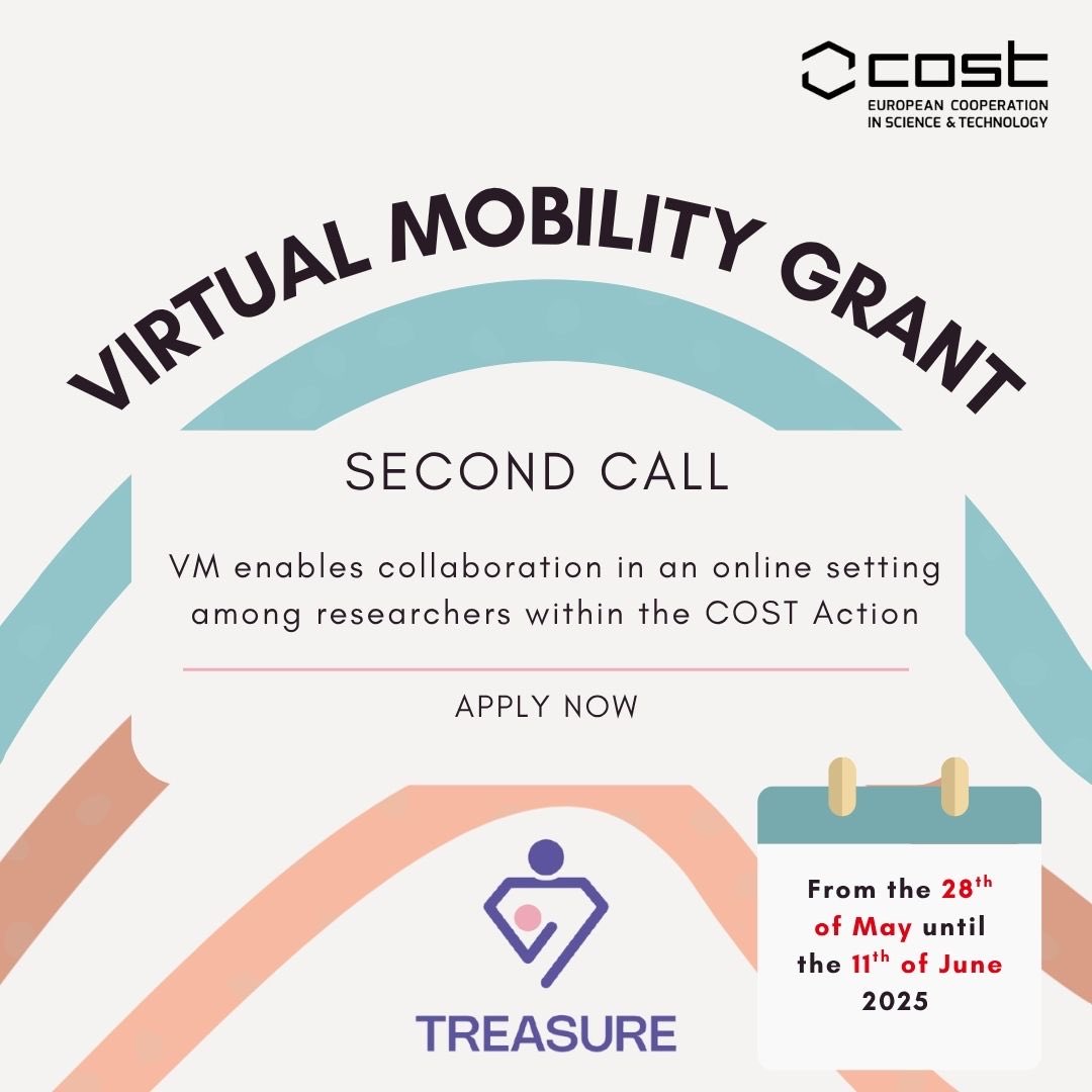 The TREASURE COST Action project opens the Virtual Mobility Grant call!
A unique opportunity to collaborate in an online setting, support data analysis, harmonise methods, and advance research on perinatal stress and its impact on offspring.
￼ More info: treasurecost.eu/2025/05/28/sec…