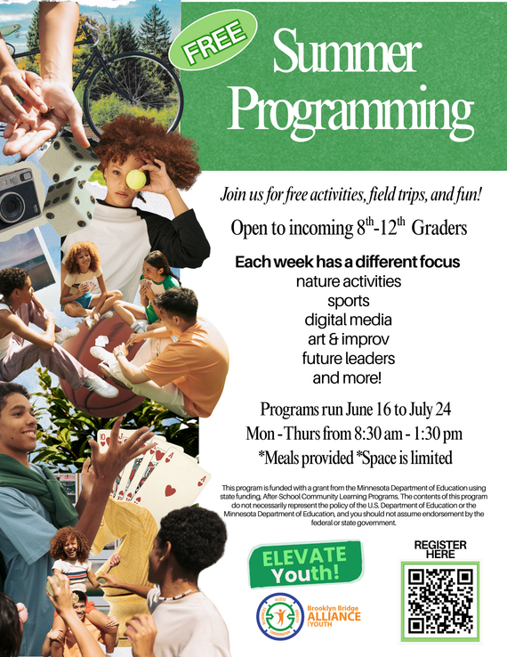 IgniteMN's tweet image. BrooklynBridgeAlliance for Youth: FREE summer programming for incoming 8th–12th graders! Field trips, sports, art, digital media, more!

📅June 16–July 24🕗Mon–Thu 8:30AM–1:30PM
🥗Meals provided|🎯Space is limited
🔗RSVP: lnkd.in/gMPGWxdW

#ElevateYouth #FreeSummerProgram