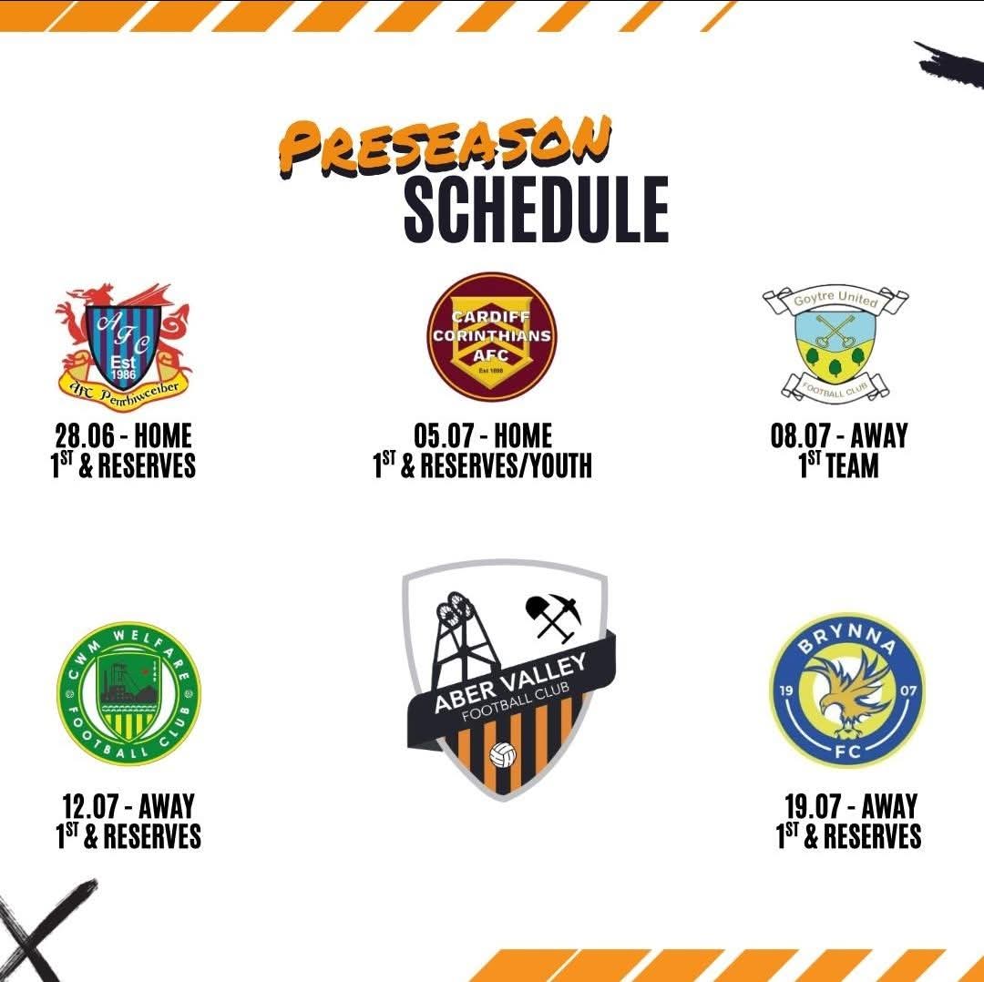aber_valley_fc's tweet photo. ⚫️ Pre season fixtures confirmed 🟠

Details to follow on home game socials &amp; away day buses! 

#COTA #preseason https://t.co/QhU28p85p4