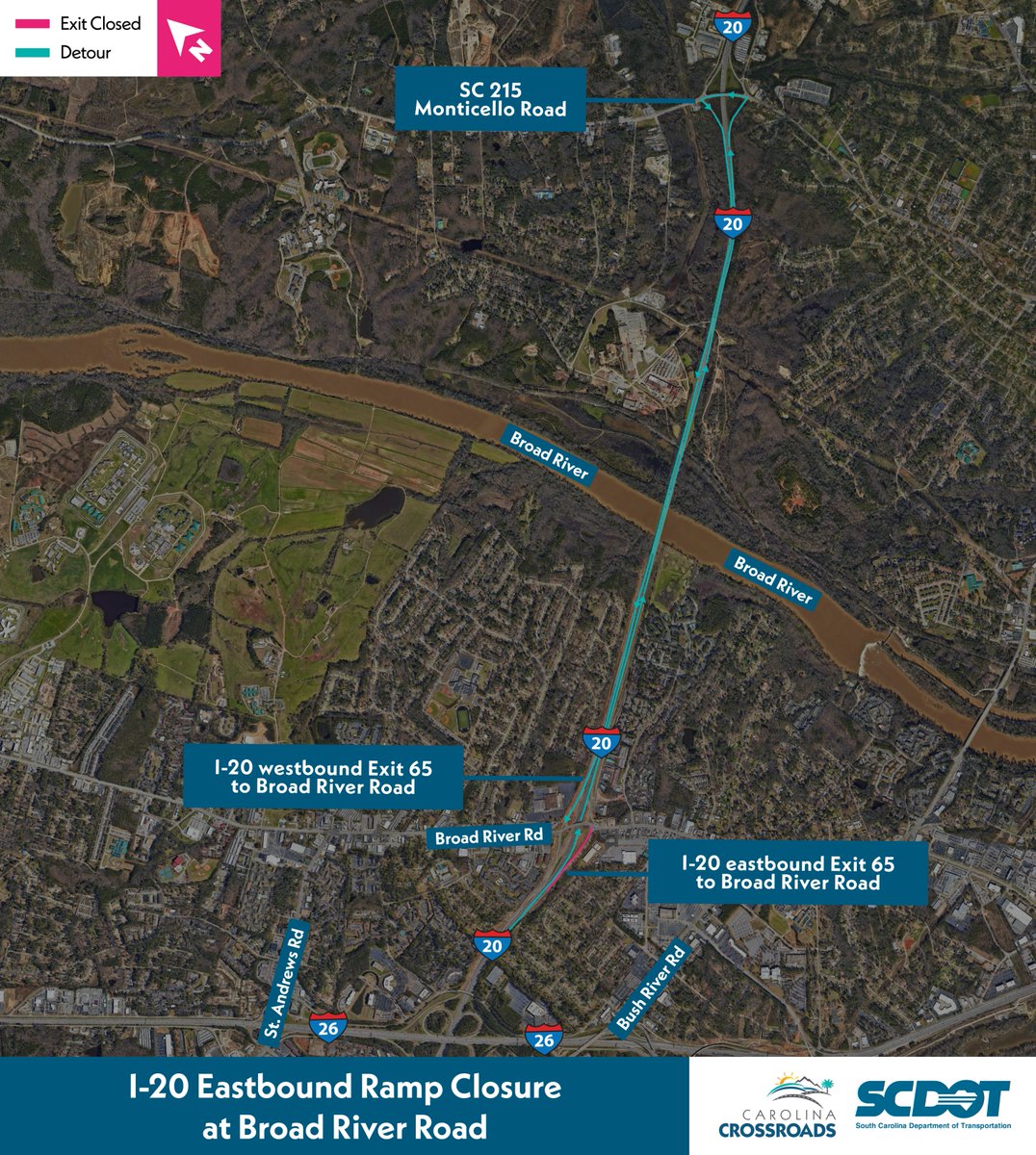 scdotCrossroads's tweet image. Tonight (5/28), SCDOT will begin a series of overnight closures of the I-20 EB off-ramp at Broad River Road for paving.
Drivers will be detoured to Monticello Rd.
Read the full detour schedule here: bit.ly/4jl8xJH