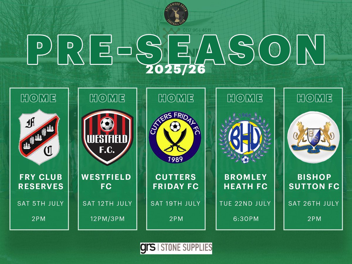 Stockwood Green FC (@stockwoodgreen) on Twitter photo PRE-SEASON LOCKED IN 🔐
#SGFC’s opponents for pre-season have been confirmed, including a double header with <a href="/WestfieldFC/">𝙒𝙀𝙎𝙏𝙁𝙄𝙀𝙇𝘿 𝙁𝘾</a> First Team and Reserves on Saturday 12th July!
🟢⚪️ PRE-SEASON LOCKED IN 🔐
#SGFC’s opponents for pre-season have been confirmed, including a double header with <a href="/WestfieldFC/">𝙒𝙀𝙎𝙏𝙁𝙄𝙀𝙇𝘿 𝙁𝘾</a> First Team and Reserves on Saturday 12th July!
🟢⚪️