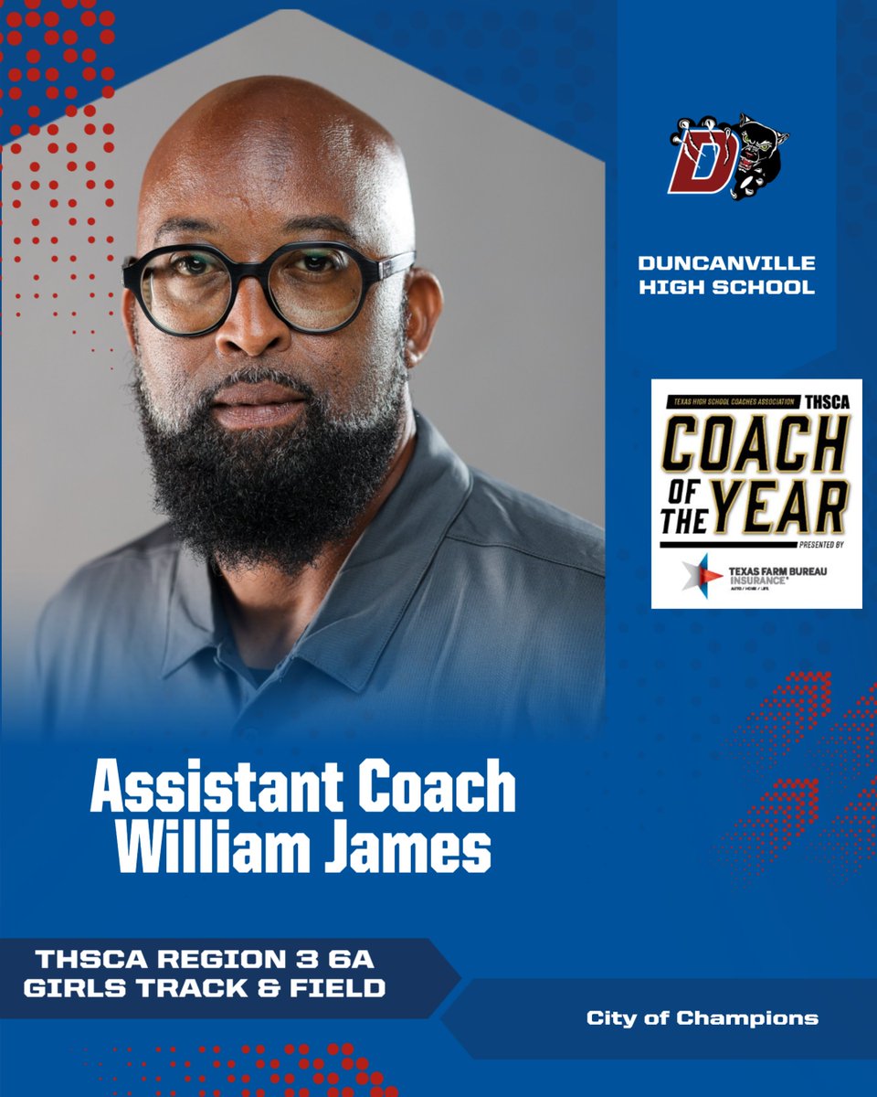 PanthersSports's tweet photo. Congratulations to @GirlsTrackDHS
Assistant Coach William James for being named the THSCA Region 3 6A Assistant Girls Track &amp; Field Coach of the Year.@DuncanvilleISD @Duncanville_HS @THSCAcoaches https://t.co/gb935XdZLF