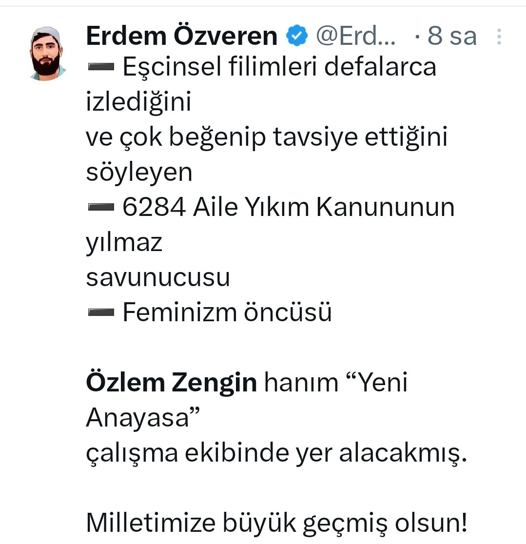 Nefes almak bile günah diyen erdem özveren isimli provokatör Özlem Zengin Hanım'a saldırmış !! Akp ile tek bir ortak noktam bile yok ama Özlem Zengin, okumuş bir avukat olarak kızlar için rol model. Sen ve hocanız derhal afganistana gidebilirsiniz !!